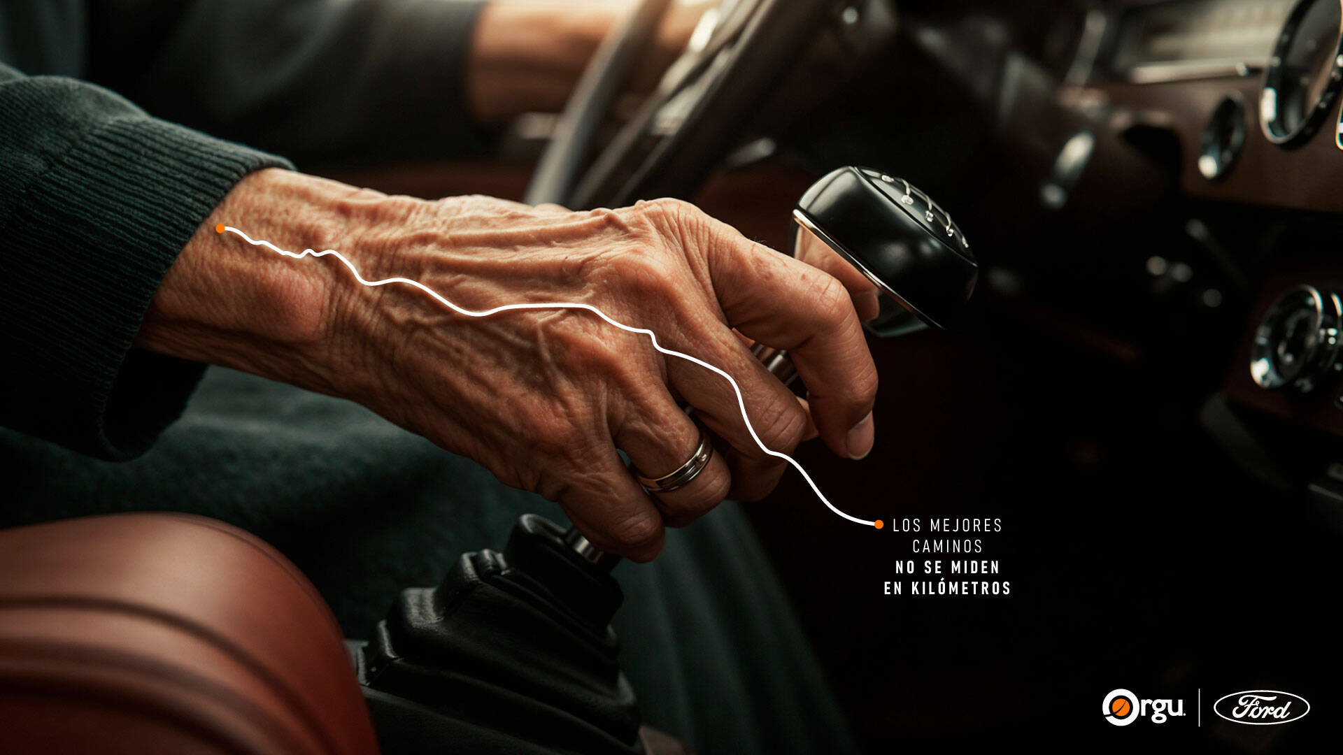 Ford Timeless Roads poster—wrinkles mapped as journeys on a steering wheel