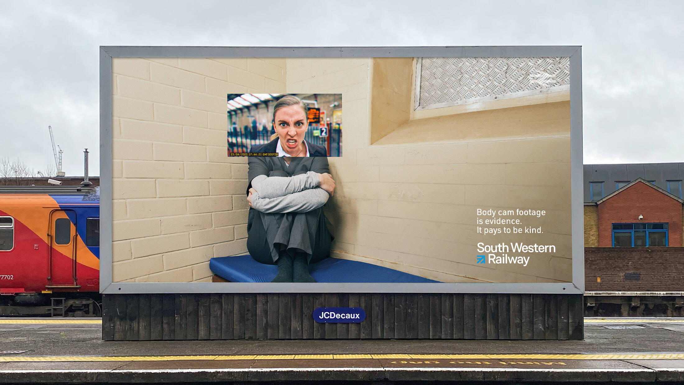 SWR OOH poster styled like an interview room with body-cam stills